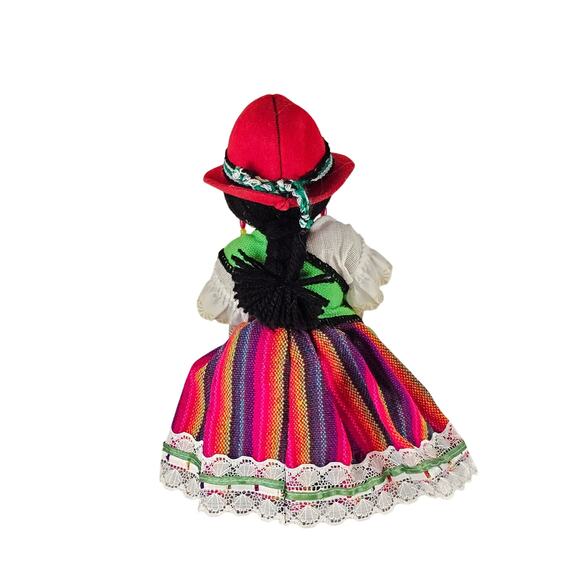 Handmade Bolivian Cloth Doll 9" Traditional Dress Red Hat Colorful Skirt & Beads - Picture 3 of 16